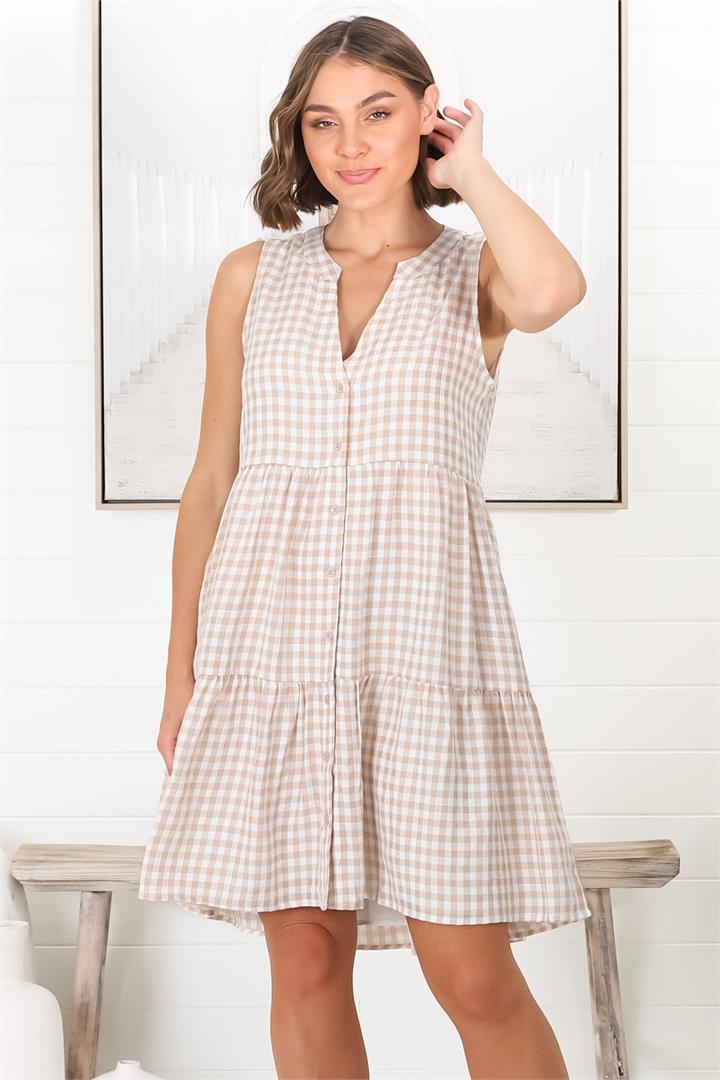 Acelle Mini Dress - Sleeveless Bermuda Collar Button Down Gingham Dress in Beige