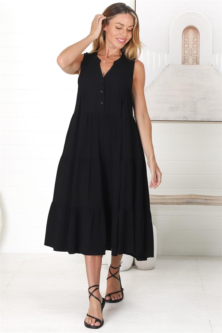 Aurora Midi Dress - Sleeveless Tiered Linen Dress with Pleated Bust in Black