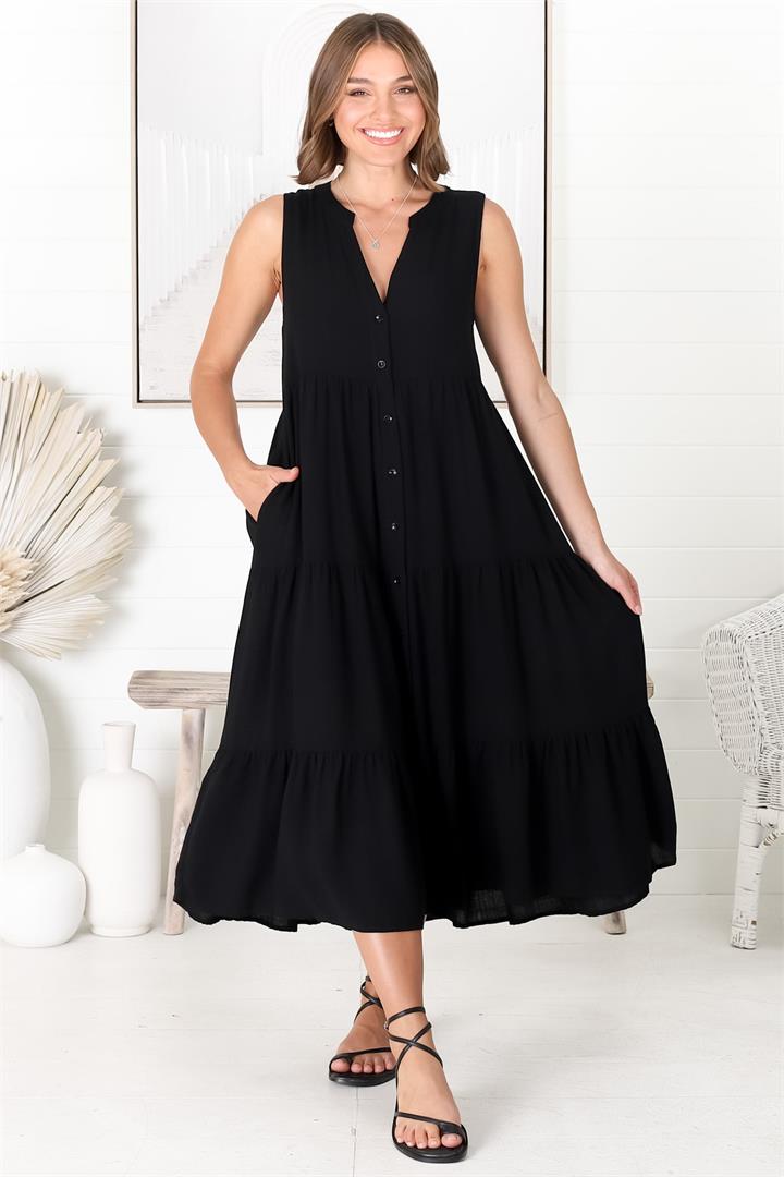 Fifi Linen Midi Dress - Mandarin Collar Sleeveless Button Down Dress in Black