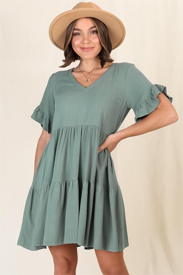 Audrina Mini Dress - Pull Over V Neck Tiered Dress with Pockets in Sage