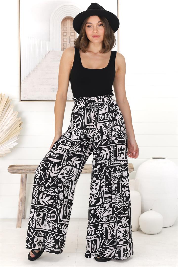 Ashora Pants - Paper Bag High Waisted Wide Leg Pants with Graphic Print