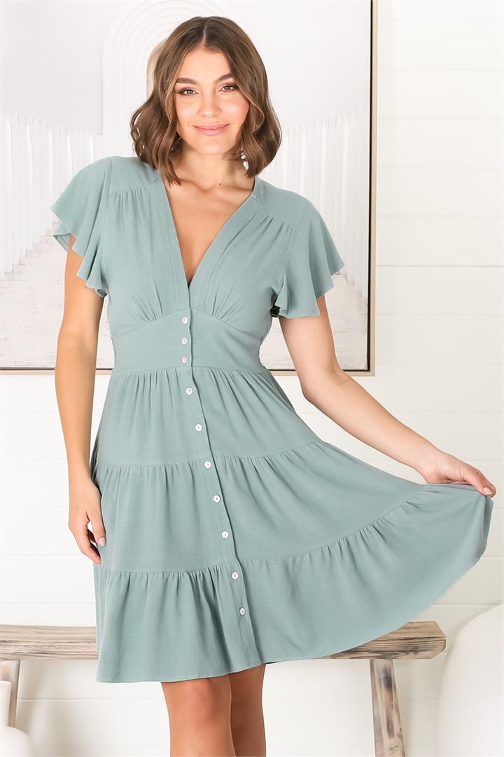Amy Mini Dress - Frill Cap Sleeve Button Down V Neck Dress inSage