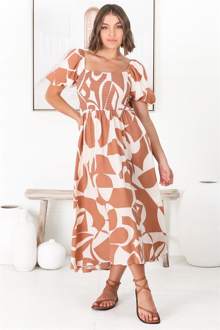Azira Midi Dress - On Or Off Shoulder Elasticated Bodice Dress With Short Balloon Sleeves In Rust