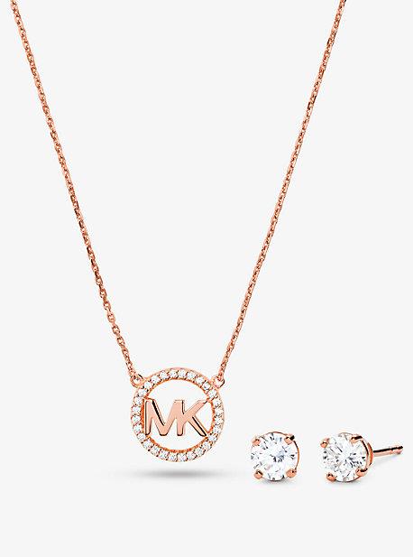 MK 14K Rose Gold-Plated Sterling Silver Pavé Logo Charm Necklace and Stud Earrings Set - Rose Gold - Michael Kors