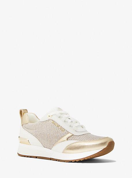 MK Allie Stride Leather and Glitter Chain-Mesh Trainer - Gold - Michael Kors