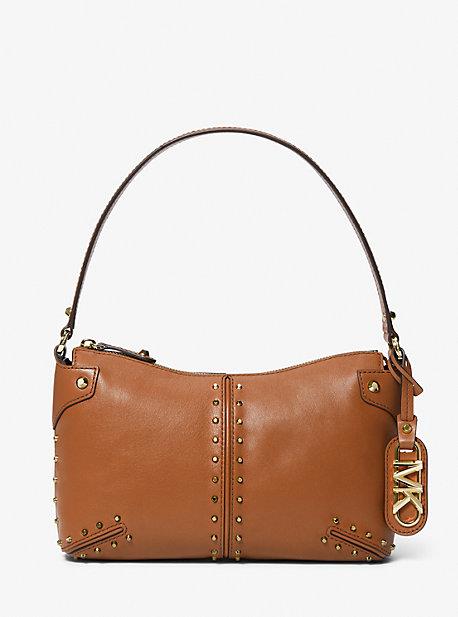MK Astor Large Studded Leather Shoulder Bag - Brown - Michael Kors