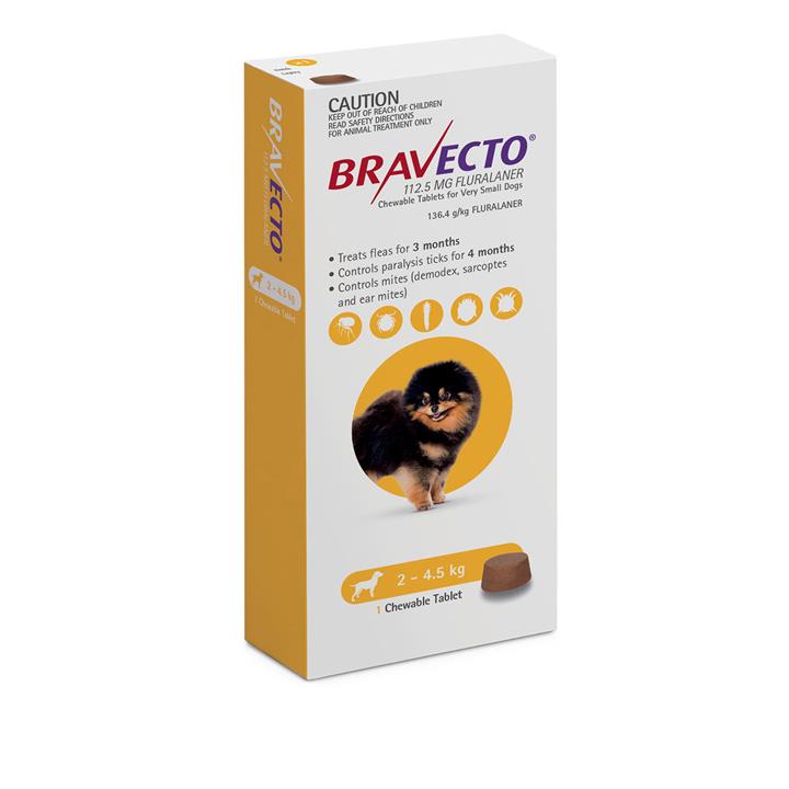 Bravecto Very Small Dog Yellow 2-4.5kg Single Chew Flea & Tick Control - Extra Small
