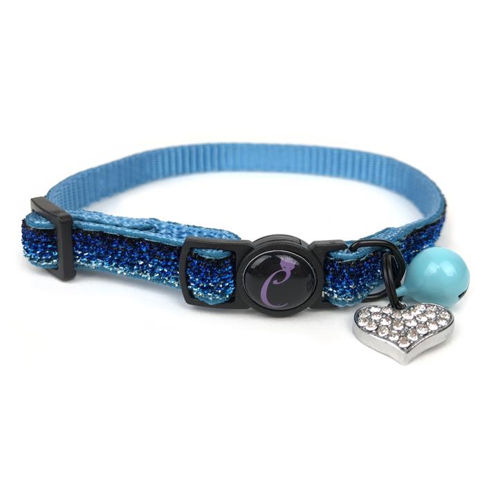 Cattitude Sapphire Sparkle Cat Collar with Breakaway Safety Clip, Bell & Diamante Heart