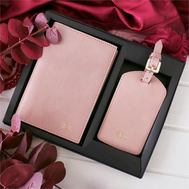 Blush Leather Personalised Passport and Luggage Tag Set