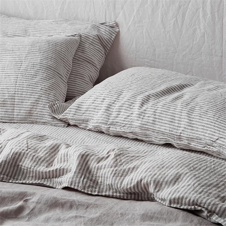 French linen fitted sheet in Soft Grey Stripes I Love Linen