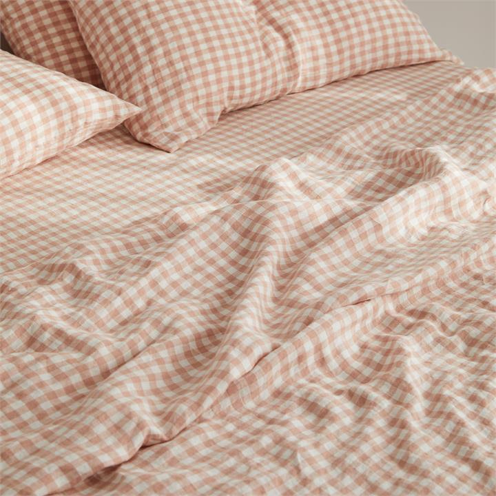French linen Flat Sheet in CLAY Gingham I Love Linen