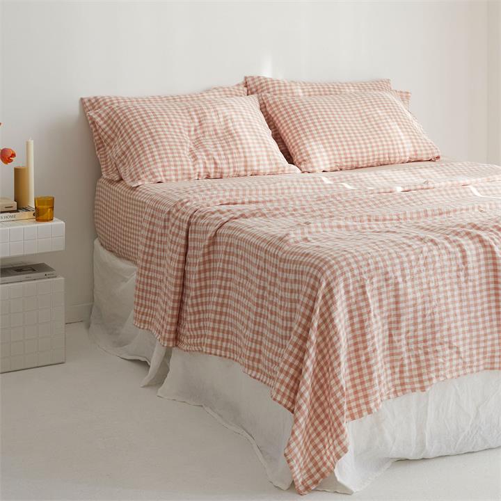 100% pure French linen Sheet Set in CLAY Gingham I Love Linen