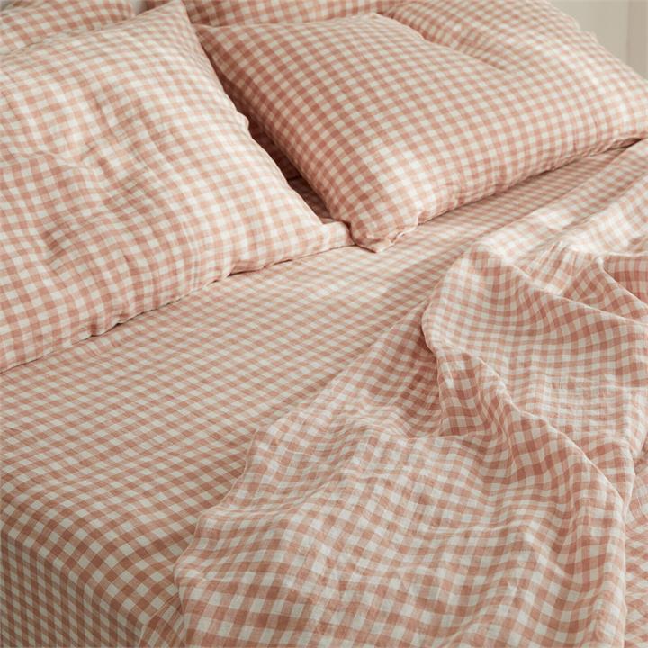 French linen Fitted Sheet in CLAY Gingham I Love Linen