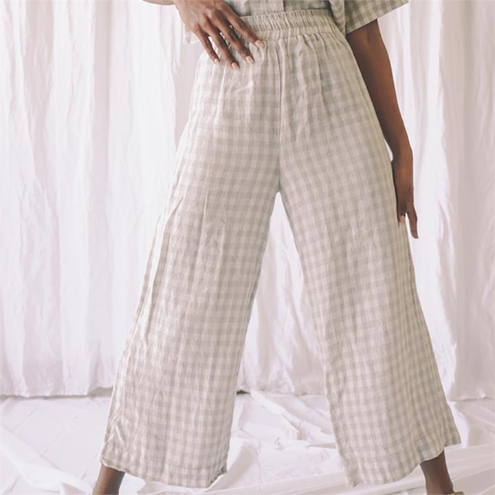 Lounge Pant in Beige Gingham I Love Linen
