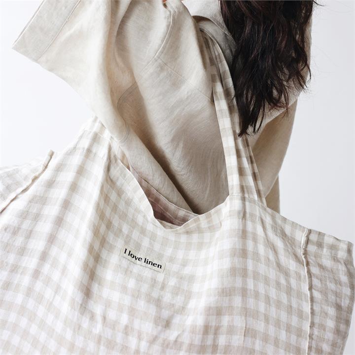 French Linen Carry All Bag in Beige Gingham I Love Linen