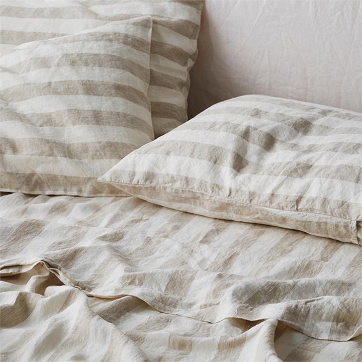French linen fitted sheet in Natural Thick Stripes I Love Linen