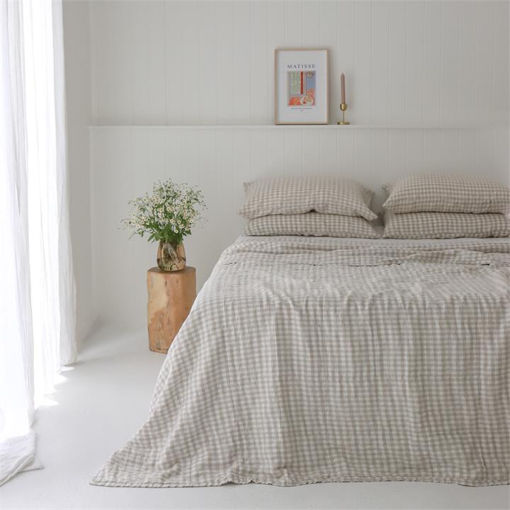 QUEEN / KING French linen Quilted Coverlet Beige Gingham I Love Linen