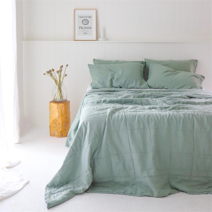 QUEEN / KING French linen Quilted Coverlet Sage I Love Linen