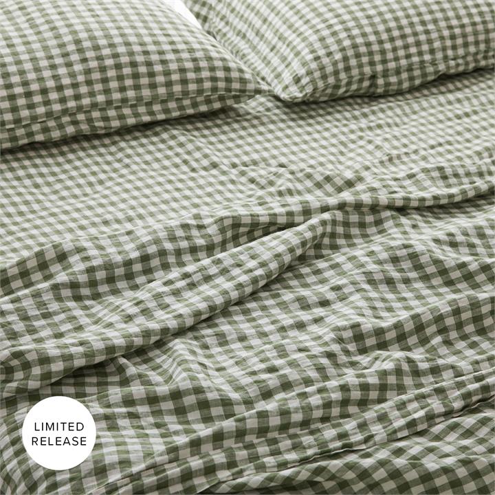 100% Pure French Linen Flat Sheet in Ivy Gingham I Love Linen