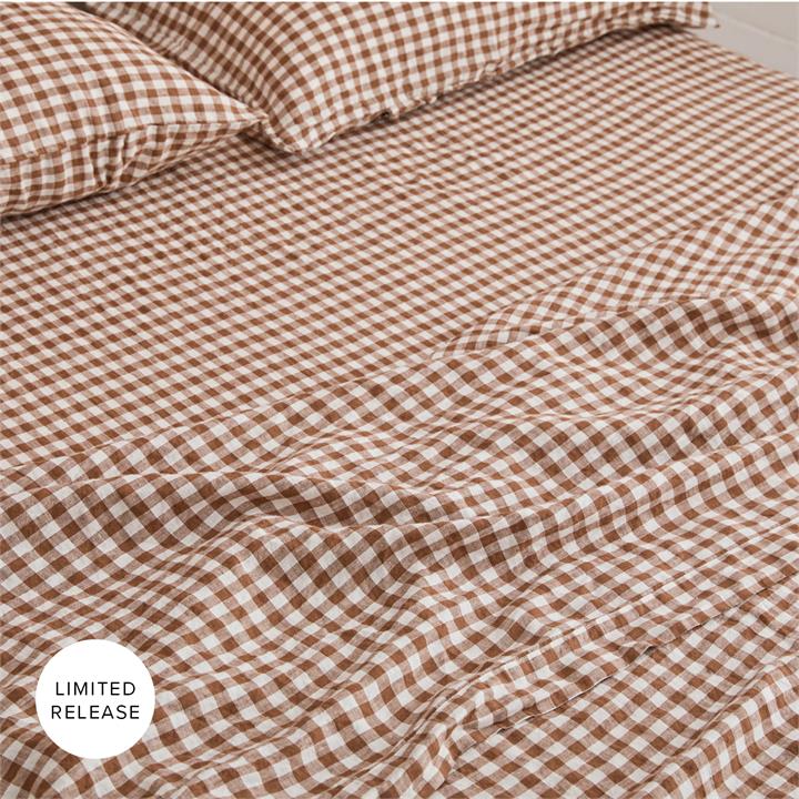 100% Pure French Linen Flat Sheet in Cocoa Gingham I Love Linen