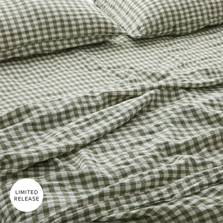 100% Pure French Linen Sheet Set in Ivy Gingham I Love Linen