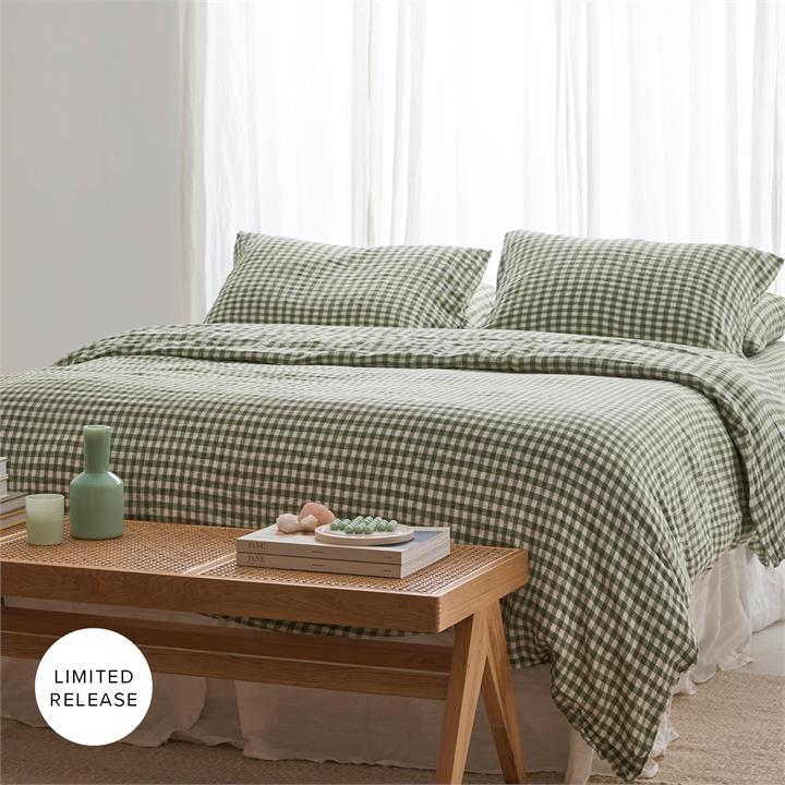 100% Pure French Linen Quilt Cover in Ivy Gingham I Love Linen
