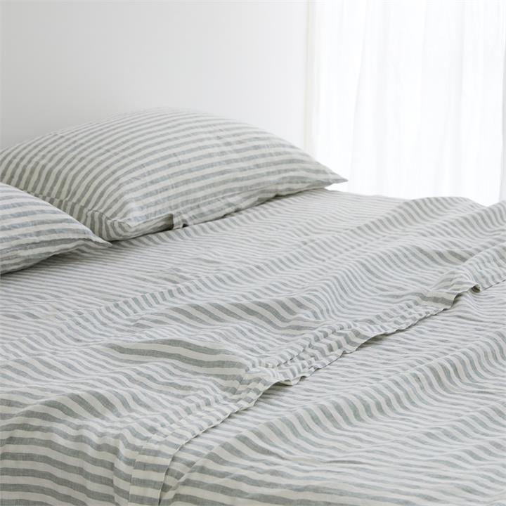 100% Pure French Linen Fitted Sheet in Sage STRIPE I Love Linen