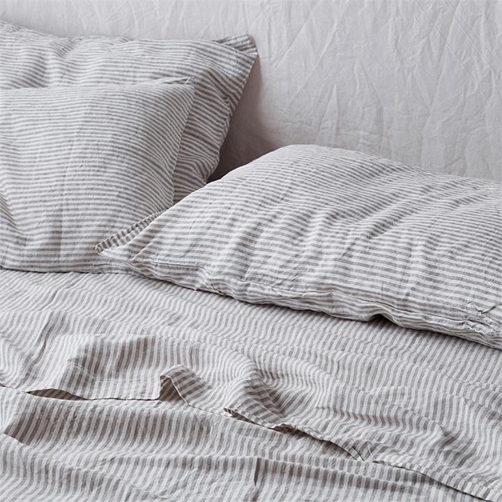 French linen flat sheet in Soft Grey Stripes I Love Linen