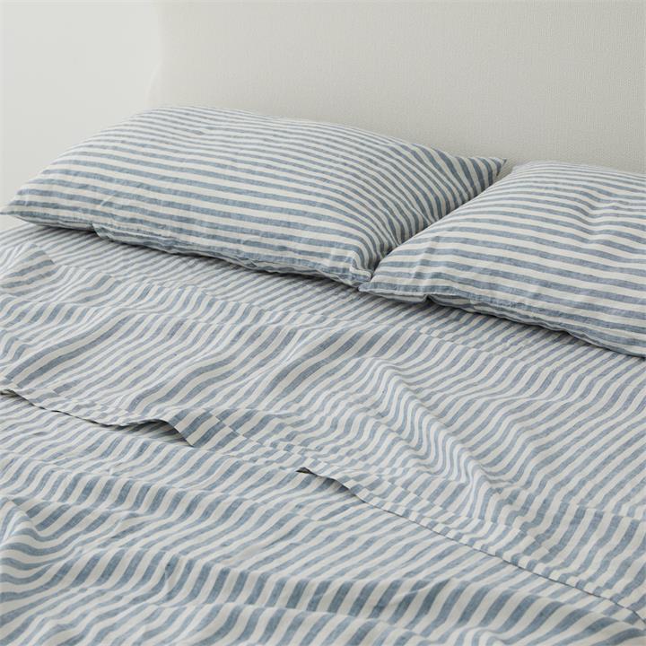 100% Pure French Linen Sheet Set in Marine Blue STRIPE I Love Linen