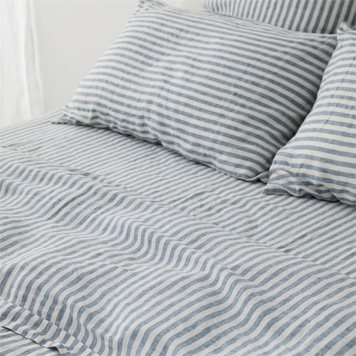 100% Pure French Linen Fitted Sheet in Marine Blue STRIPE I Love Linen