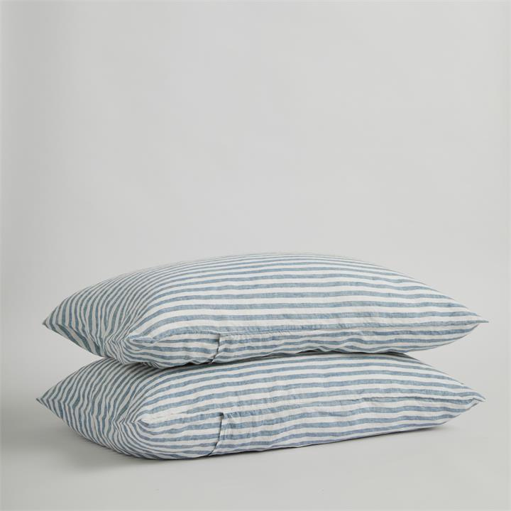 KING French Linen Pillowcase Set (2) - Marine Blue STRIPE I Love Linen