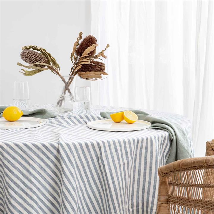 French Linen Table Cloth in Marine Blue STRIPE I Love Linen
