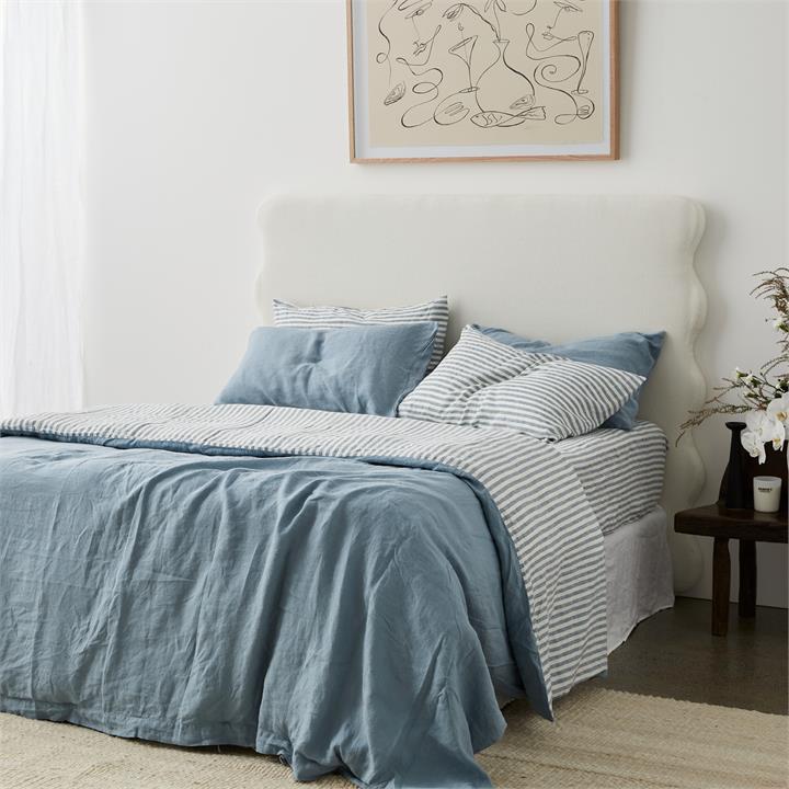DOUBLE SIDED French Linen Quilt Cover in Marine Blue / Marine Blue STRIPE I Love Linen
