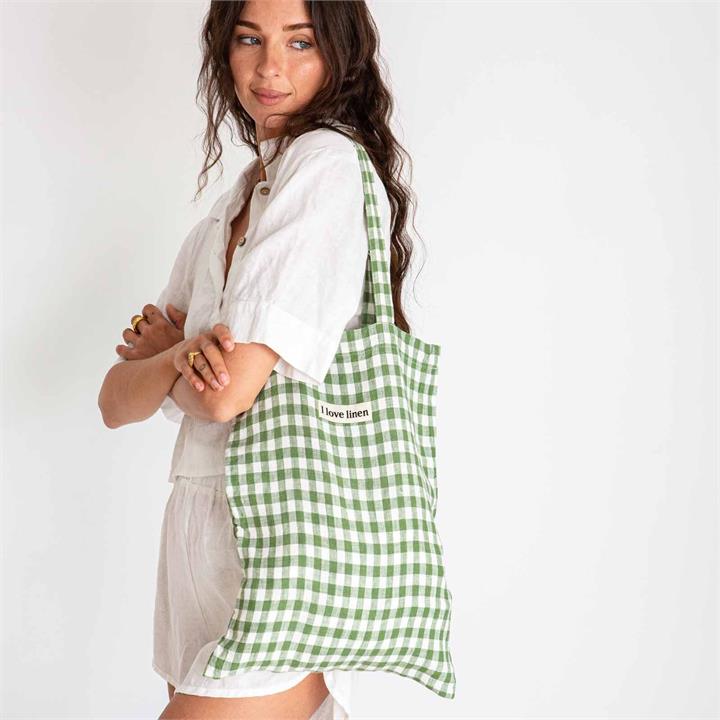 French Linen Market Bag in Ivy Gingham I Love Linen