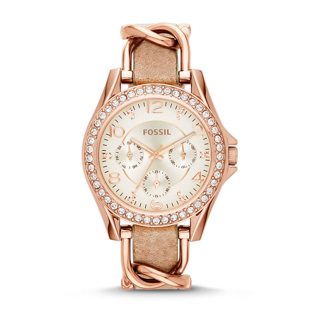 Fossil WOMEN Riley Multifunction Rose-Tone & Sand Leather Watch