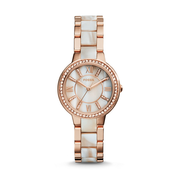 Fossil WOMEN Virginia Rose-Tone & Horn Acetate Stainless Steel Watch