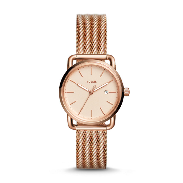 Fossil WOMEN The Commuter Three-Hand Date Rose Gold-Tone Stainless Steel Watch