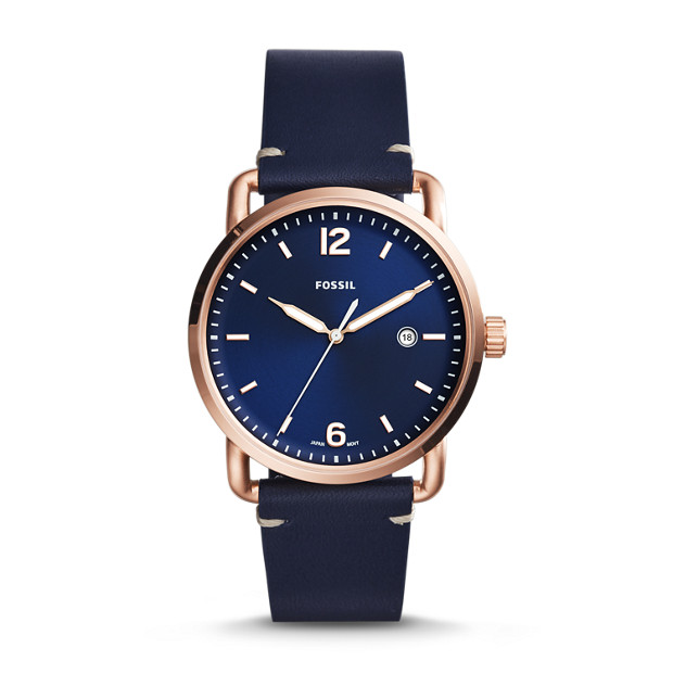 Fossil MEN The Commuter Three-Hand Date Blue Leather Watch